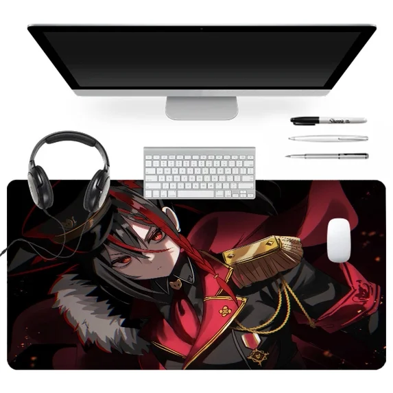 Anime red commander desk mat on desk with monitor and headphones