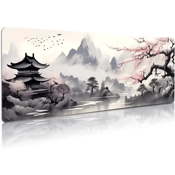 Japanese ink wash landscape desk mat with pagoda, cherry blossoms, and misty mountains