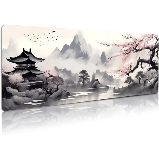 Japanese ink wash landscape desk mat with pagoda, cherry blossoms, and misty mountains