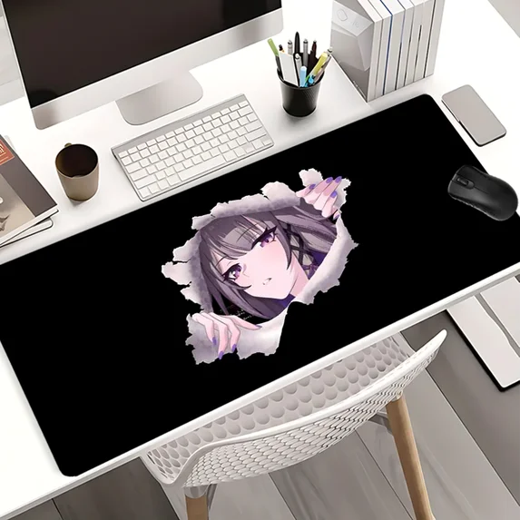 Anime girl peek mouse pad on desk lifestyle shot with monitor and keyboard