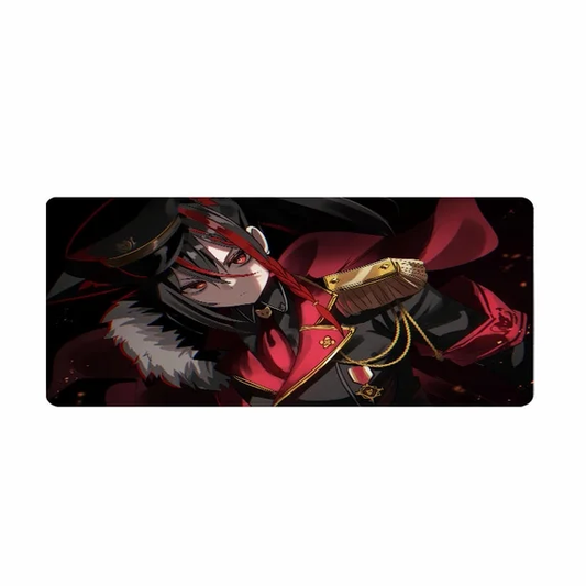 Anime red commander desk mat product shot on white background