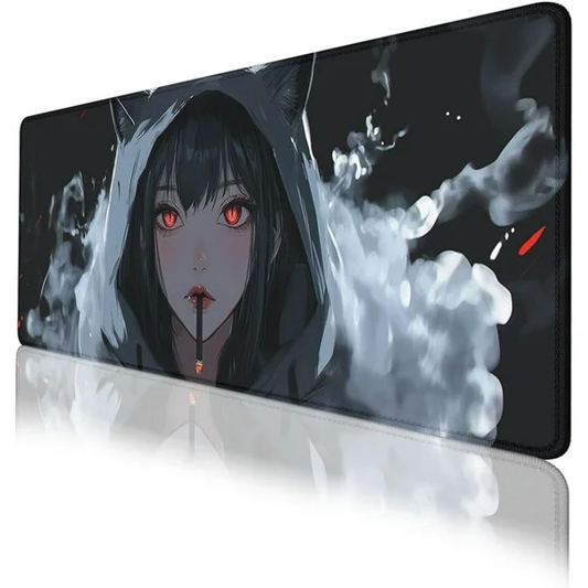 Anime fox girl desk mat with glowing red eyes and smoke design