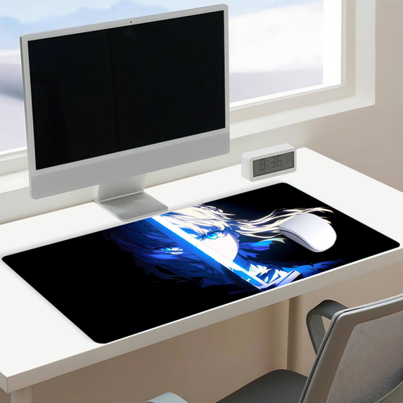 Anime blue sword mouse pad with monitor lifestyle shot